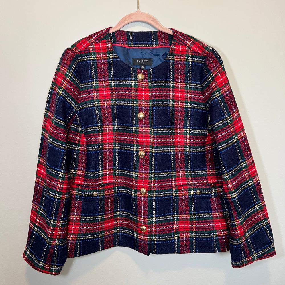 Talbots Plus Women's Navy Red Plaid Tweed Jacket Gold Button Blazer 16W NWT